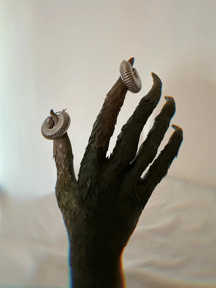 Fairies Whisper Fish Market series silver spiral shell earrings, medium large hoop,with monster finger